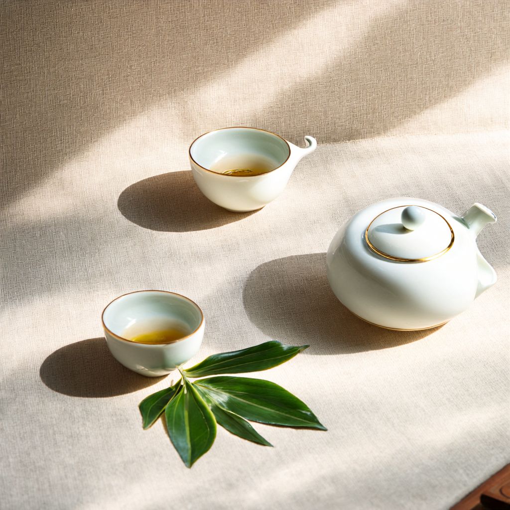 柔和光线下的中式茶具静物,两只相伴的茶杯象征旺夫女命中夫妻能量同频的命局结构