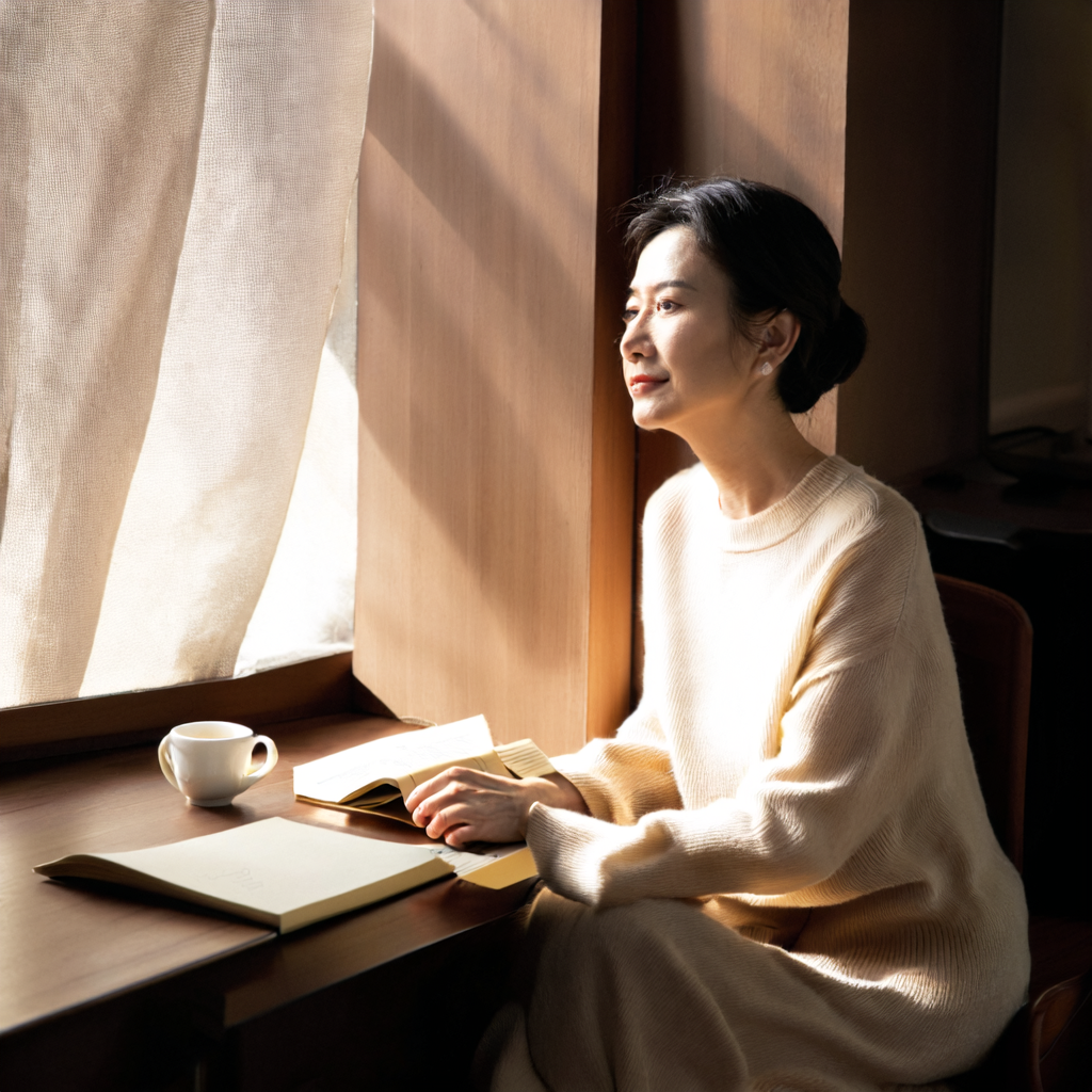一位中年女性独自坐在安静办公室窗边沉思,象征老板娘外在从容内心操心的命局状态