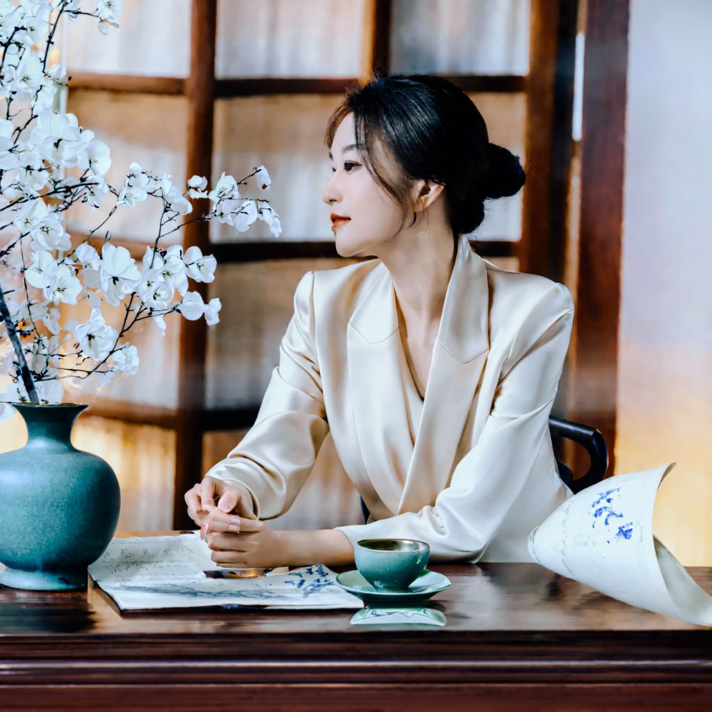 八字看女人怎么用智慧赚钱——明亮简约的办公桌前一位职业女性专注阅读文件,旁边白兰花和茶杯,象征用智慧经营财富的女命格局
