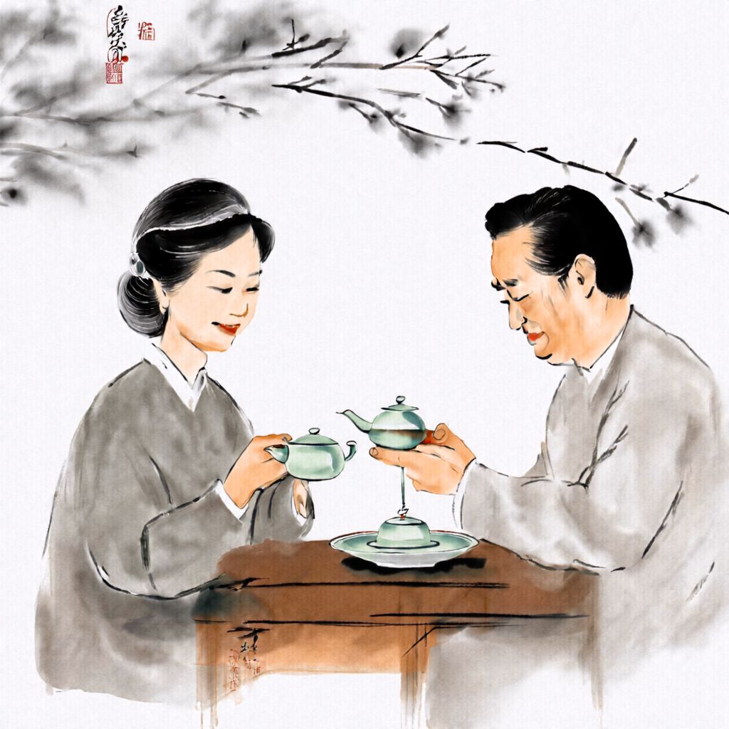 一对中年夫妻在家中餐桌前共同倒茶，象征妻强夫弱家庭中相互支撑的健康动态