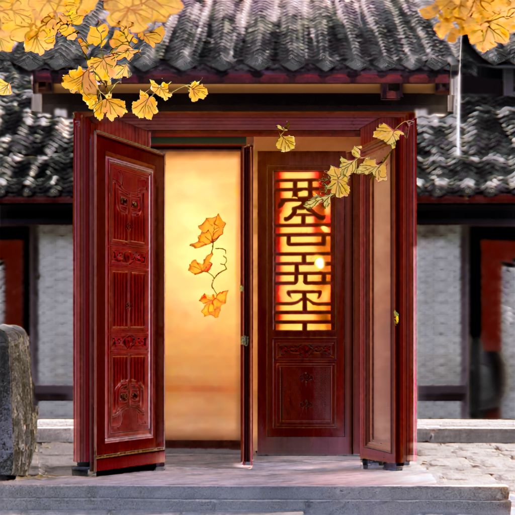 微开的中式木门门槛上落着金色叶片，象征八字命理中财气进局、落到家门的财运判断逻辑